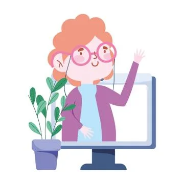 Online education, teacher computer video lesson website homework cartoon Stock Illustration