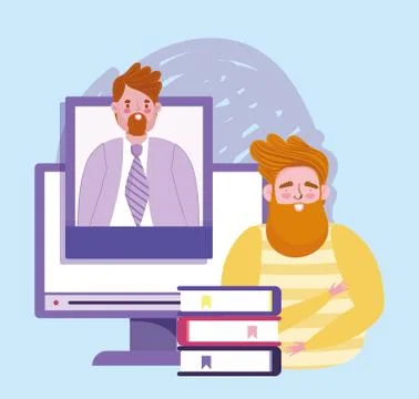 Online education teacher computer web and books learn Stock Illustration