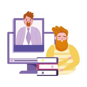 Online education teacher computer web and books learn Stock Illustration