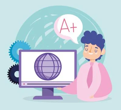 Online education teacher computer world score note Stock Illustration