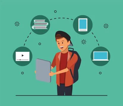 Online education tech with student boy and gadgets Stock Illustration