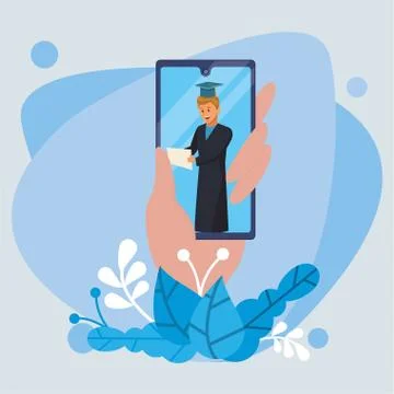 Online education tech with student boy and smartphone Stock Illustration