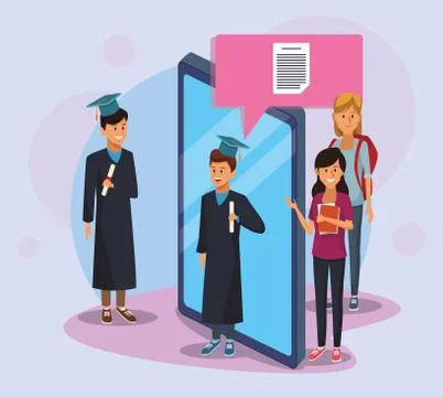 Online education tech with students and tablet Stock Illustration