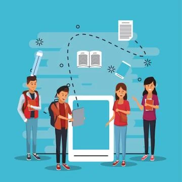 Online education tech with students and tablet Stock Illustration
