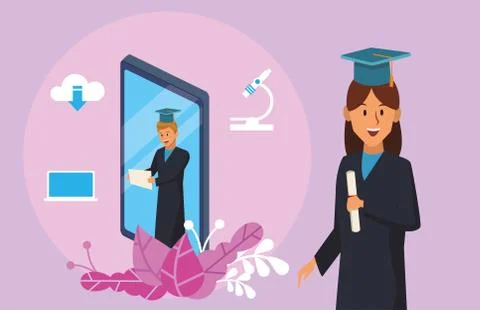 Online education tech with students couple and desktop Stock Illustration