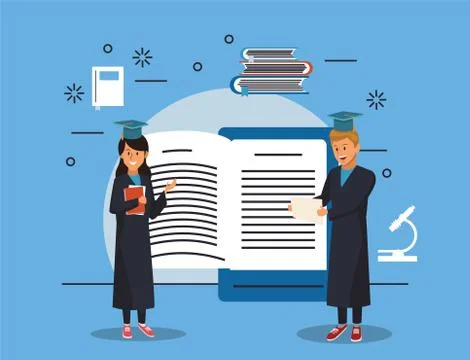 Online education tech with students couple Stock Illustration