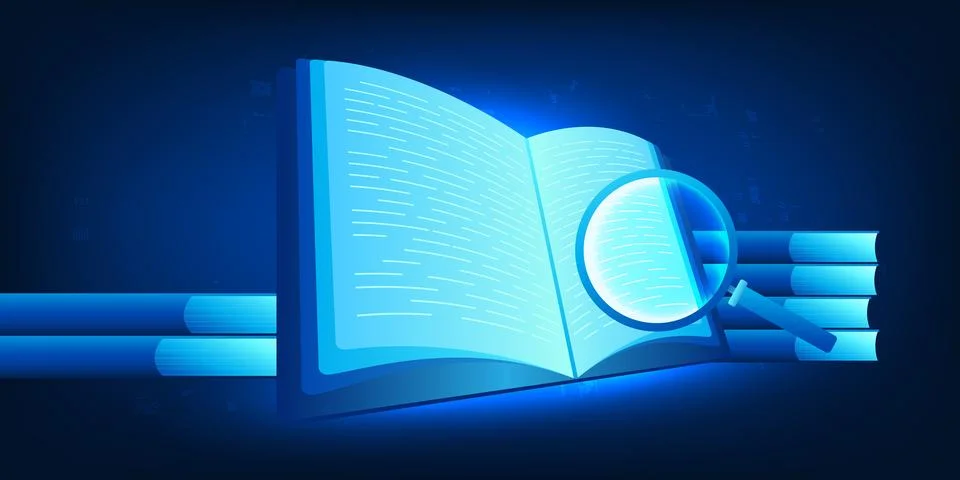 Online Education Technology with Digital E-Book, Open Book and Magnifying G.. Illustration