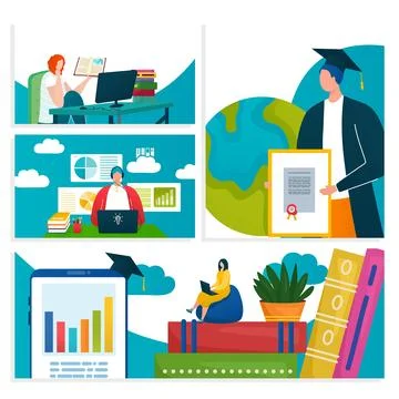 Online education technology set, flat banner concept vector illustration Stock Illustration