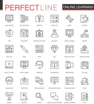 Online education thin line web icons set. Knowledge Outline stroke icons design. Illustrazione stock