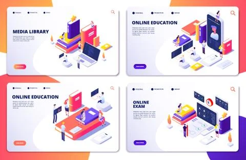 Online education, training, library, exam vector landing page templates Stock Illustration