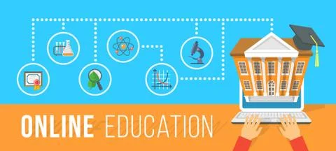 Online Education using Computer Flat Concept Stock Illustration
