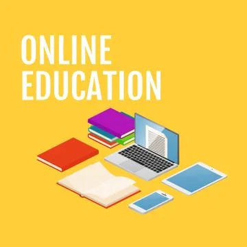 Online education vector concept. Isometric laptop, phone, books Stockillustratie