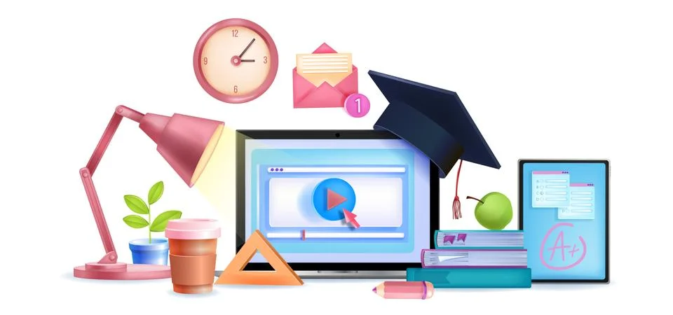 Online education vector e-learning digital classes 3D concept, laptop screen Stockillustratie