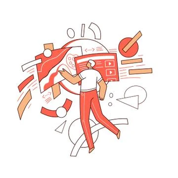 Online education vector flat concept - Man character flying around abstract Stock Illustration