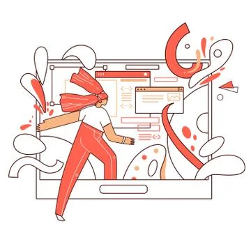 Online education vector flat concept - curious girl walking inside a tablet with Stock Illustration