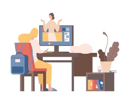 Online education vector flat illustration. Young girl sitting on chair and Stock Illustration