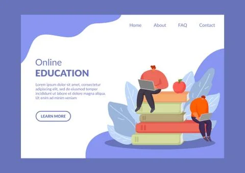 Online education vector illustration website, studying people with laptops and Ilustración de archivo