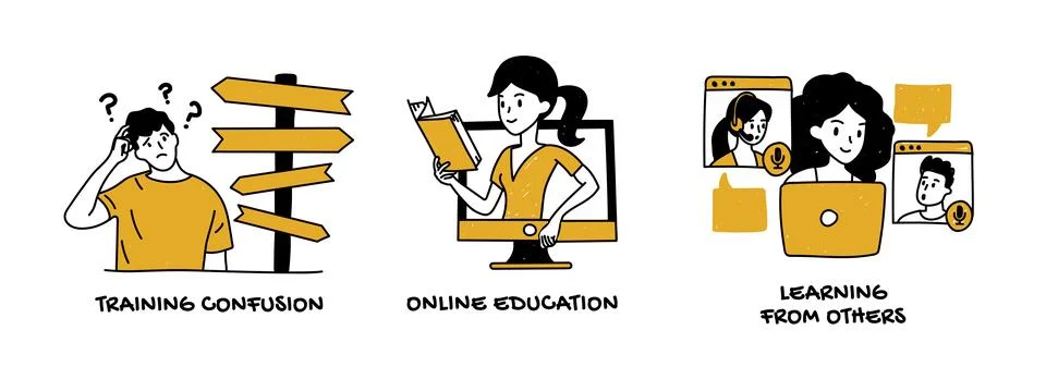 Online education vector set. Vector of students learning online Stock Illustration