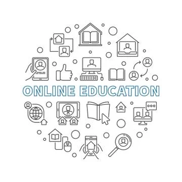 Online Education vector thin line concept round illustration Ilustración de archivo