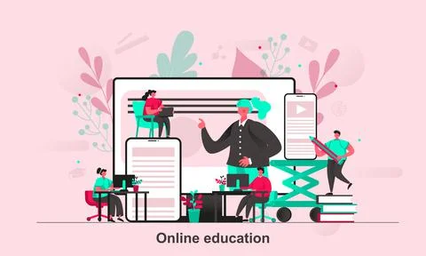 Online education web concept design in flat style. Students learning online s Stock Illustration