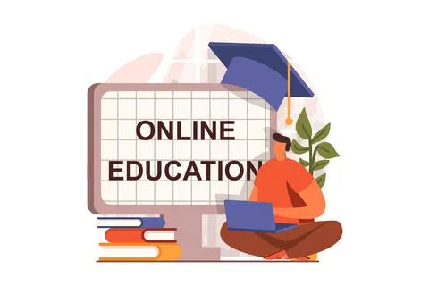 Online education web concept in flat design. Student studies remotely using Stock Illustration