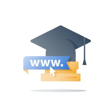 Online education, web learning, distant study, graduation hat and books stack Illustrazione stock