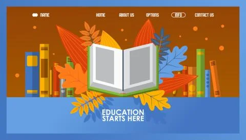 Online education website design, vector illustration. Open book on autumn leaves Illustrazione stock