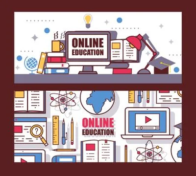 Online education website header, vector illustration. University page banner for Stock Illustration