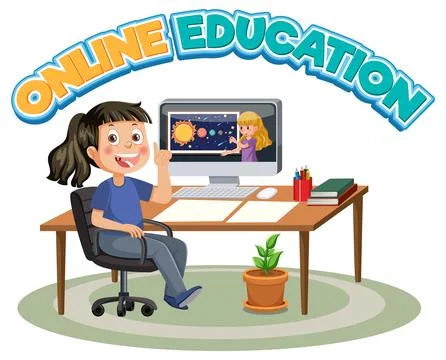 Online education word with cartoon character Stock Illustration