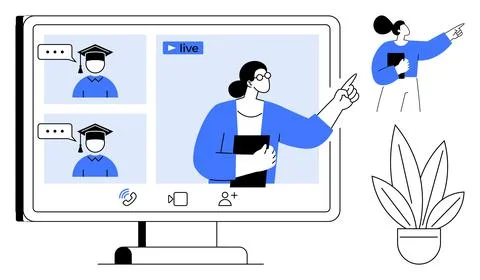 Online Educational Webinar with Instructor and Students Interacting Via Liv.. Stock Illustration