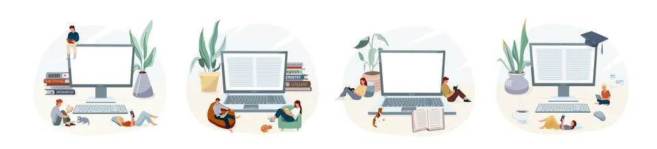 Online elearning education at home vector illustration. Learning set isolated on Ilustração Stock