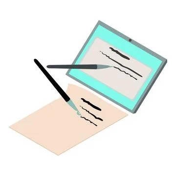 Online election icon isometric vector. Text on tablet screen near sheet with pen Stock Illustration