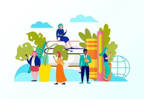 Online electronic library concept, vector illustration. Digital knowledge in Stock Illustration