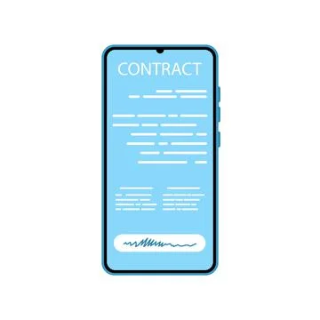Online electronic smart contract document on phone, paper document, signature on Ilustração Stock