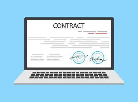 Online electronic smart contract document on laptop, paper document, signature Stock Illustration