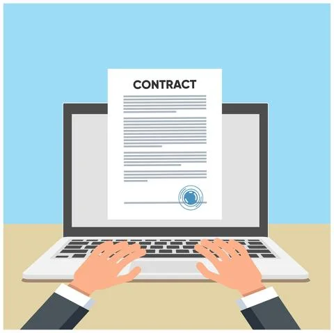 Online electronic smart contract document on laptop, paper document, signature Stock Illustration