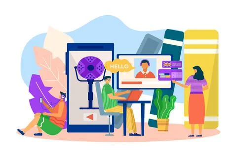 Online english language study, vector illustration. Man woman people character Stock Illustration
