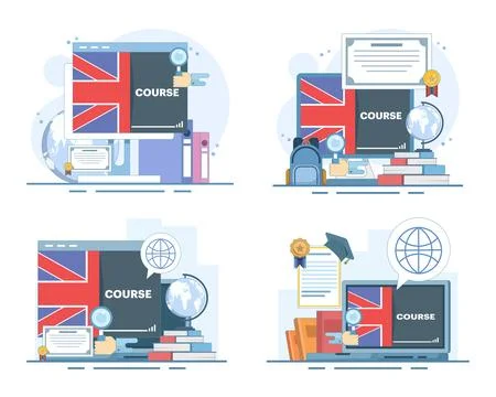 Online English learning set featuring a computer, certificate frame. Stock Illustration
