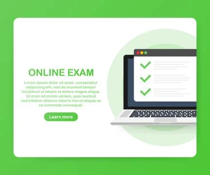 Online exam computer web app. Isometric laptop with paper document printing f Illustrazione stock