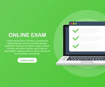 Online exam computer web app. Isometric laptop with paper document printing f Stock Illustration