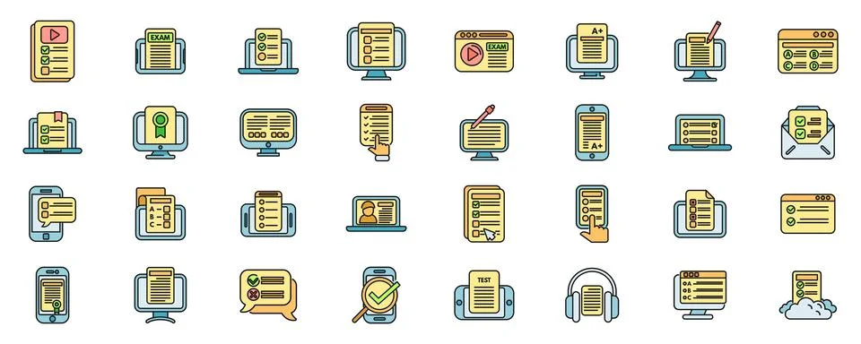 Online exam icons set vector color line Stock-Illustration