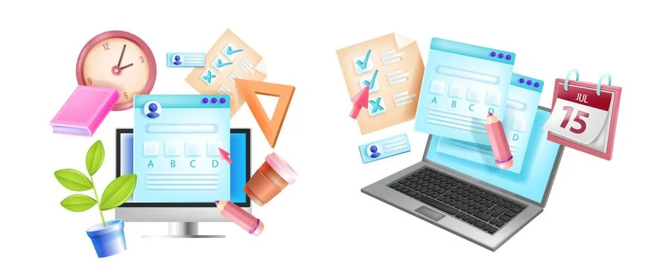 Online exam, internet testing e-learning concept, laptop screen, computer Illustrazione stock