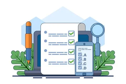 Online exam platform concept with big computer and testing site Illustrazione stock