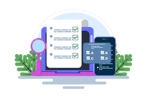 Online exam platform concept with big computer and testing site Illustrazione stock