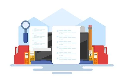Online exam platform concept with big computer and testing site Illustrazione stock
