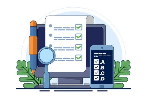 Online exam platform concept with big computer and testing site Illustrazione stock