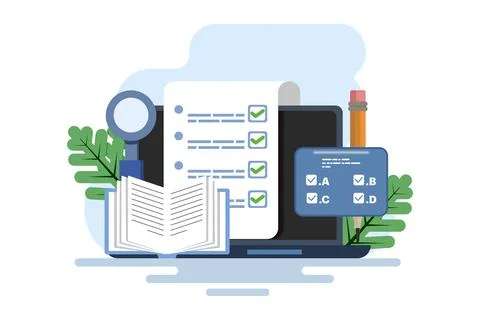 Online exam platform concept with big computer and testing site Stock Illustration