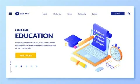 Online exam test vector 3d isometric illustration. Landing page banner templa Stock Illustration