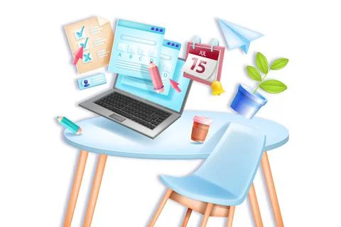 Online exam, vector education school, university remote home test, chair Stock Illustration