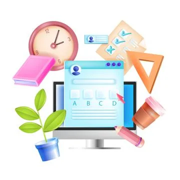 Online exam, vector internet distant test illustration, computer screen Illustrazione stock